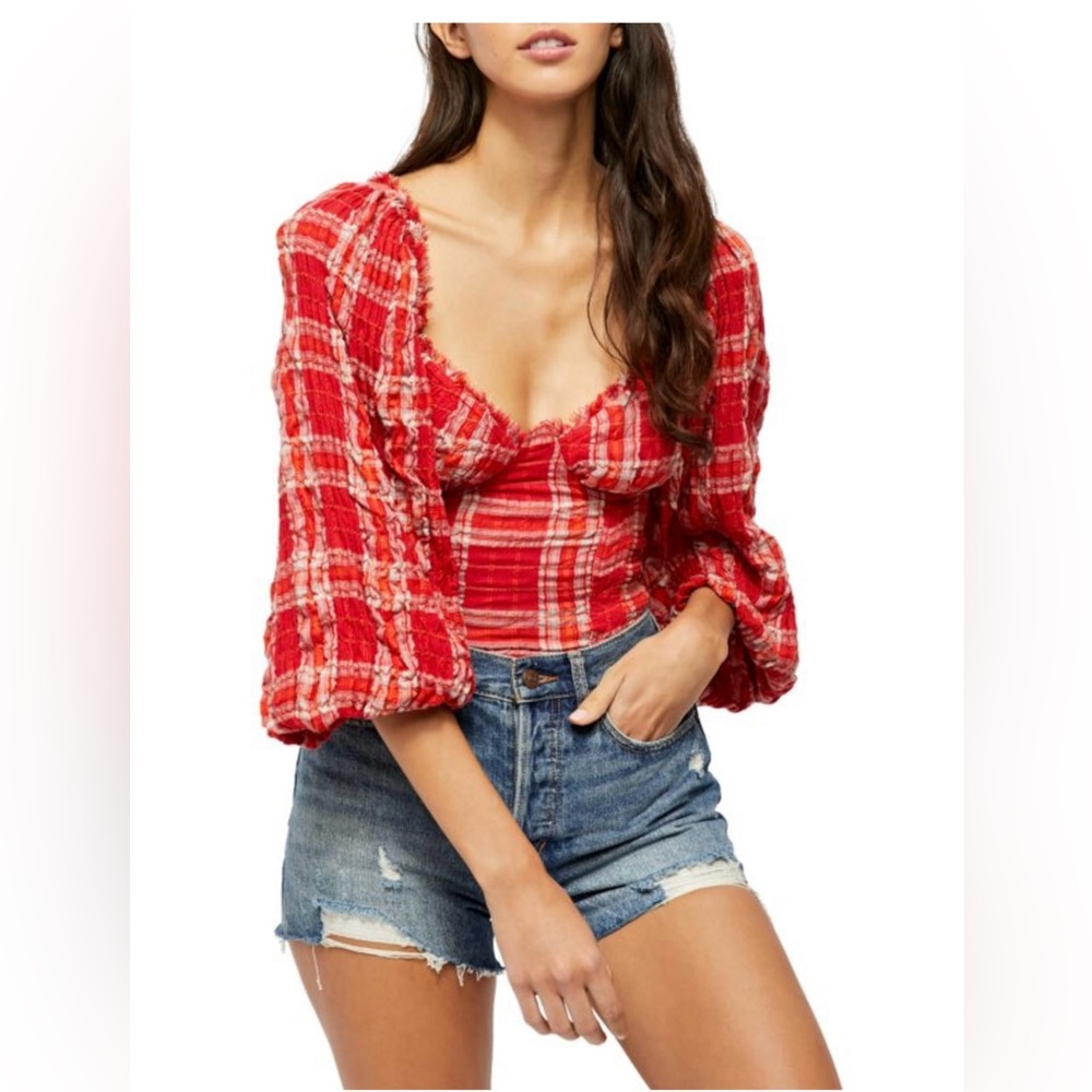 FREE PEOPLE Orange Plaid Top Womens Stretch  Large BOHO Western NEW